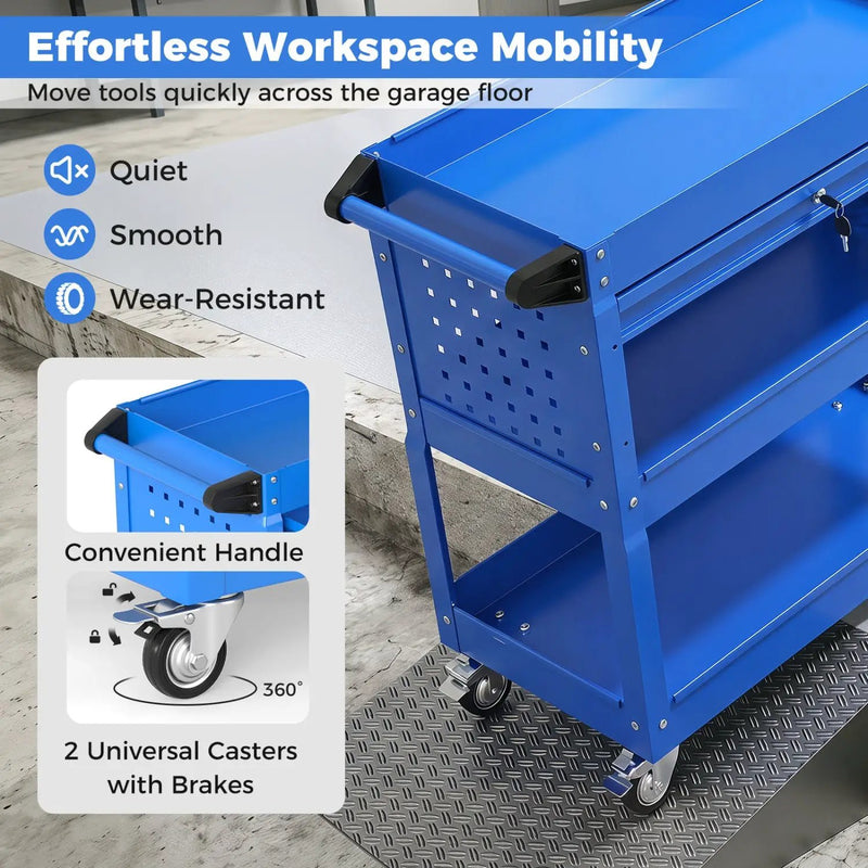3-Tier Rolling Tool Cart with Lockable Drawer by DirectDeals