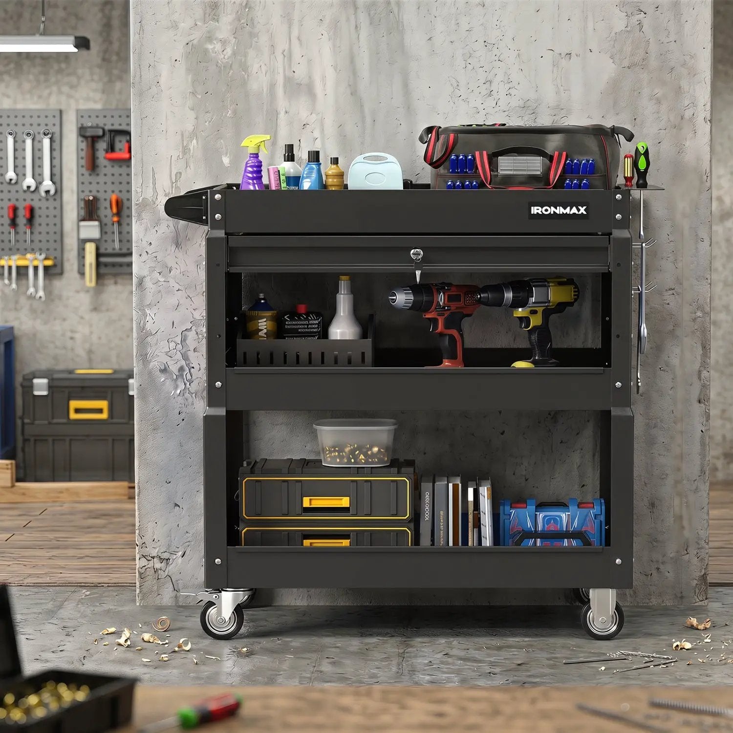 3-Tier Rolling Tool Cart with Lockable Drawer by DirectDeals