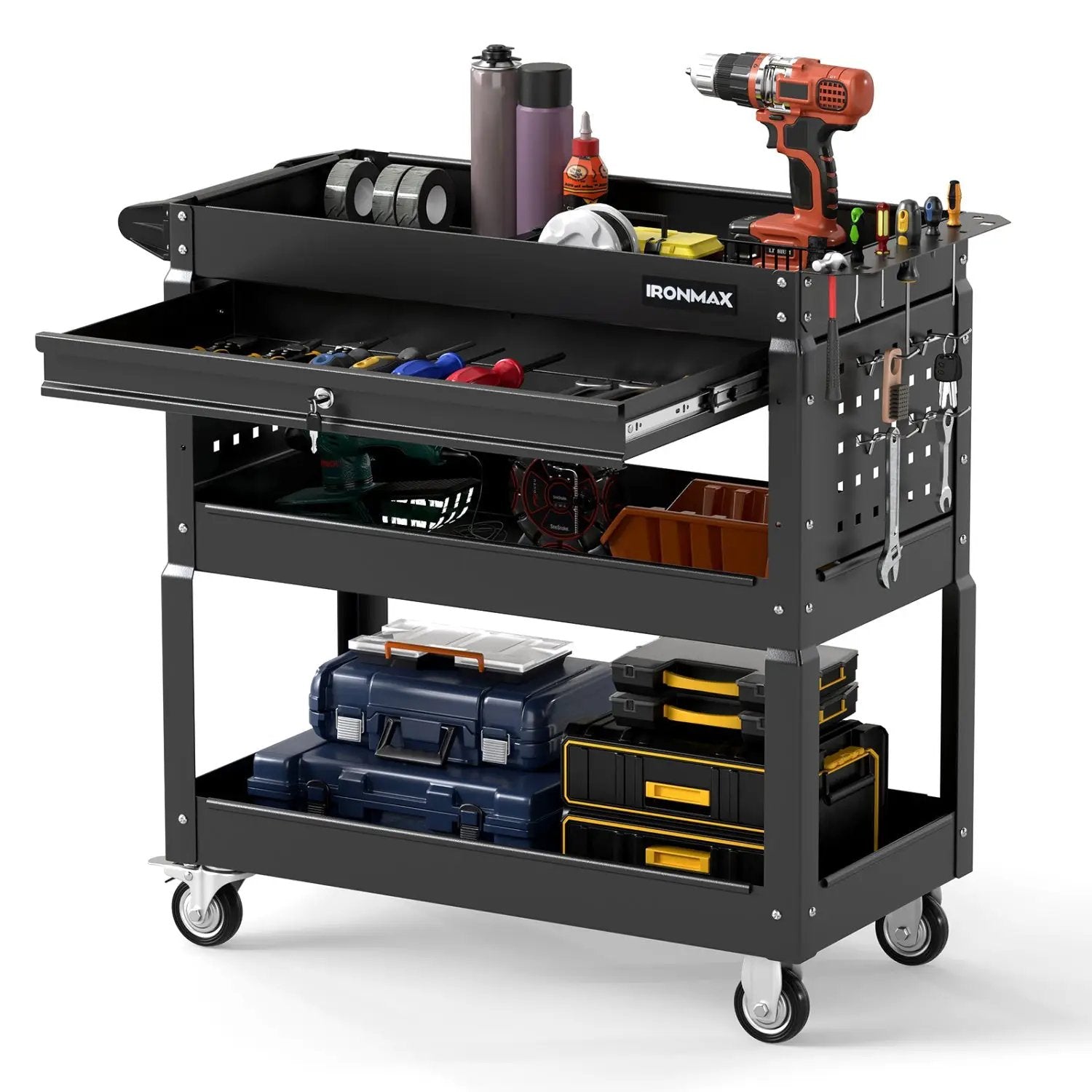3-Tier Rolling Tool Cart with Lockable Drawer by DirectDeals