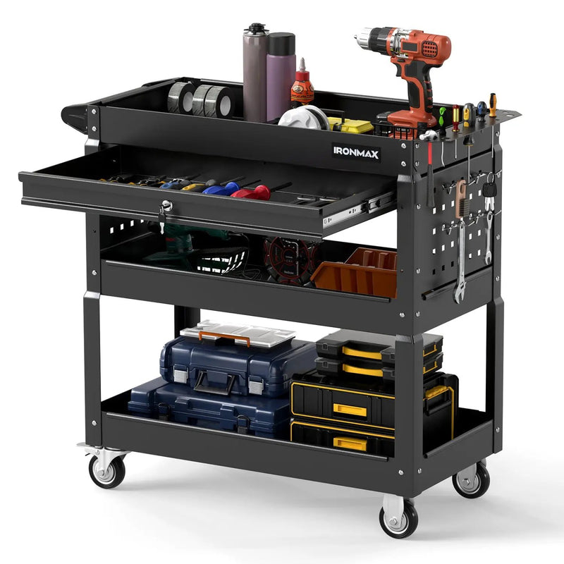 3-Tier Rolling Tool Cart with Lockable Drawer by DirectDeals