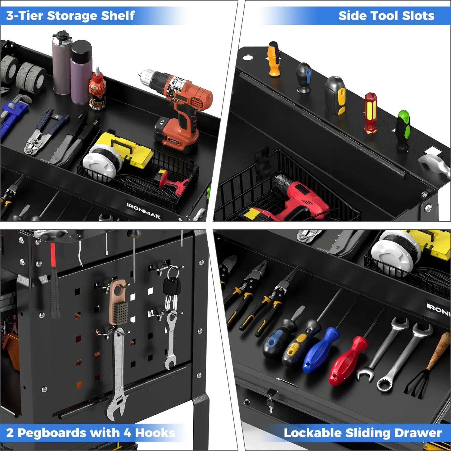 3-Tier Rolling Tool Cart with Lockable Drawer by DirectDeals