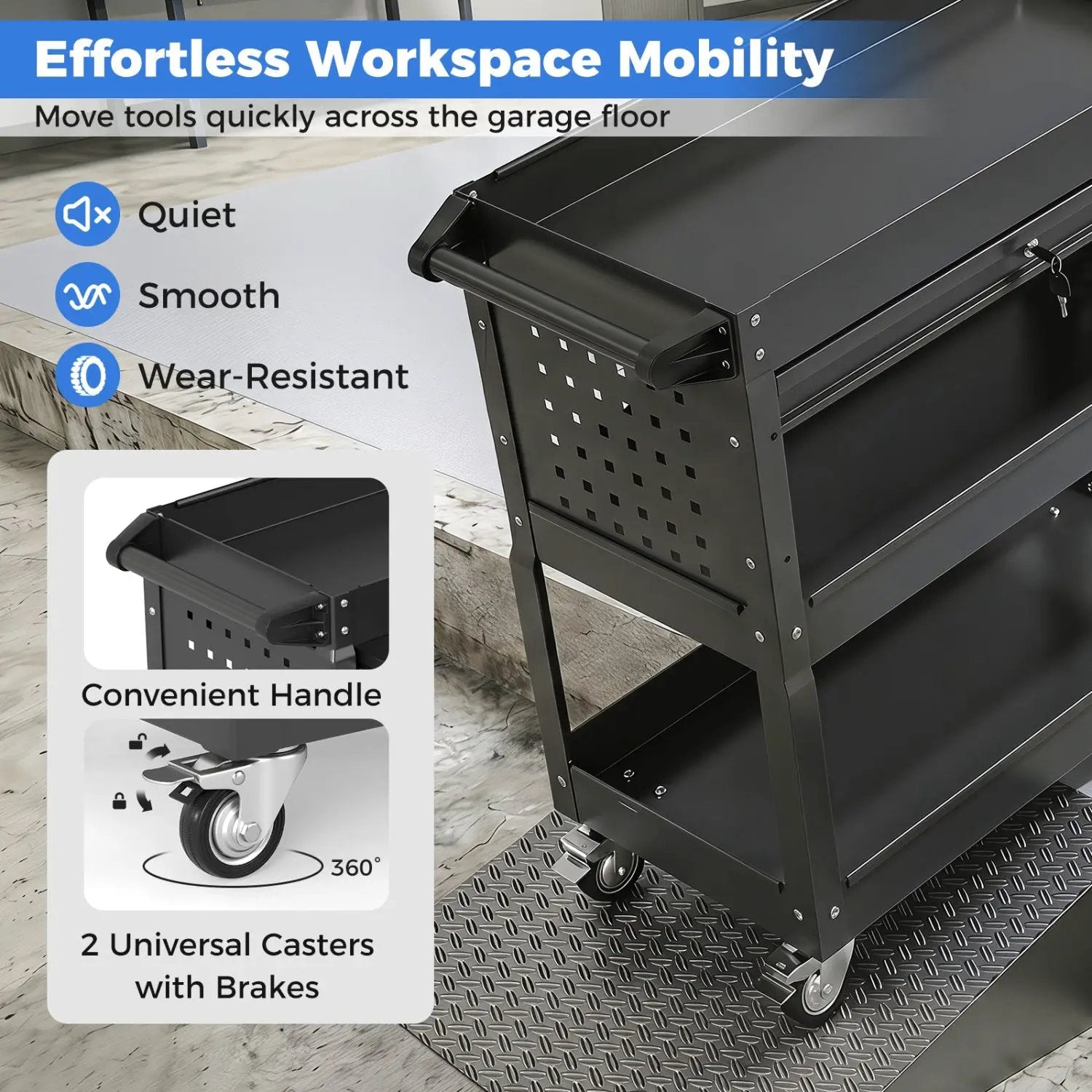 3-Tier Rolling Tool Cart with Lockable Drawer by DirectDeals