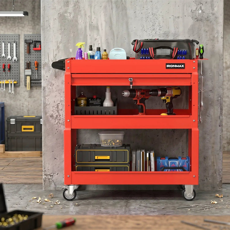 3-Tier Rolling Tool Cart with Lockable Drawer by DirectDeals