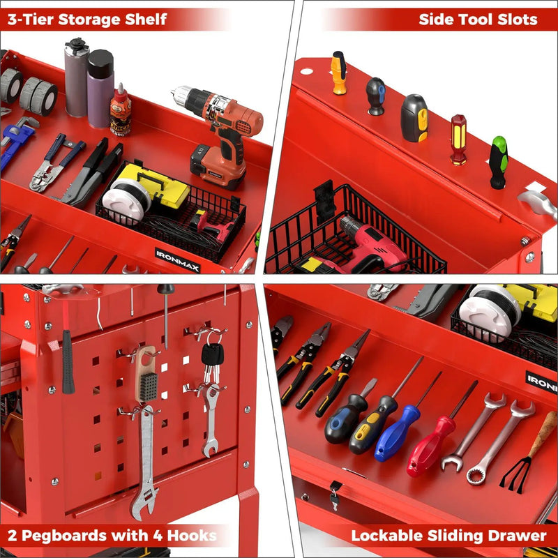 3-Tier Rolling Tool Cart with Lockable Drawer by DirectDeals