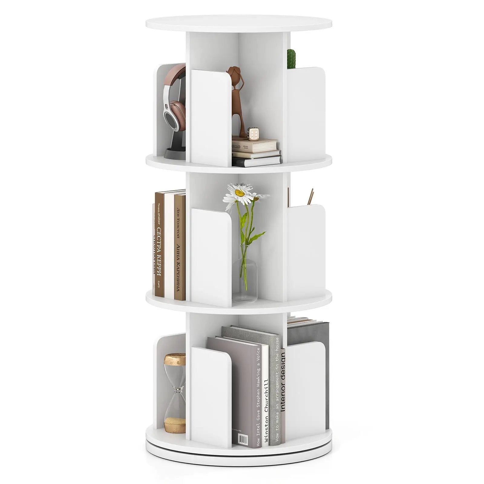3-Tier Rotating Bookshelf with Dividers and Anti-falling Baffles by DirectDeals