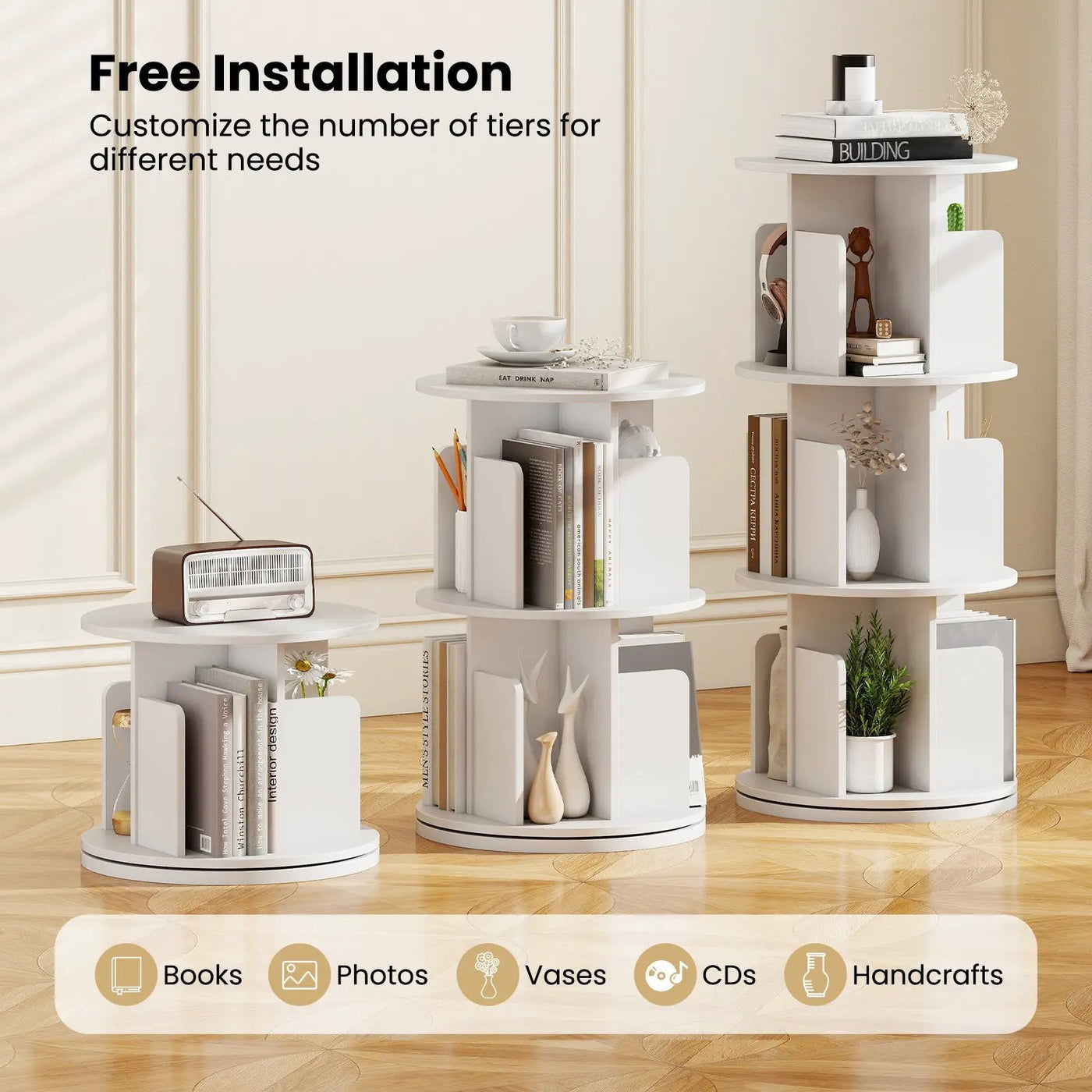 3-Tier Rotating Bookshelf with Dividers and Anti-falling Baffles by DirectDeals