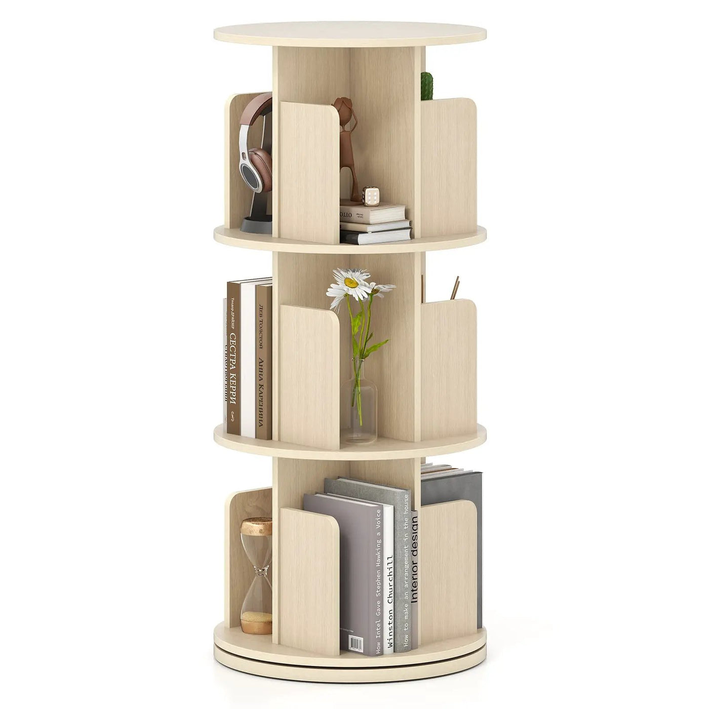 3-Tier Rotating Bookshelf with Dividers and Anti-falling Baffles by DirectDeals