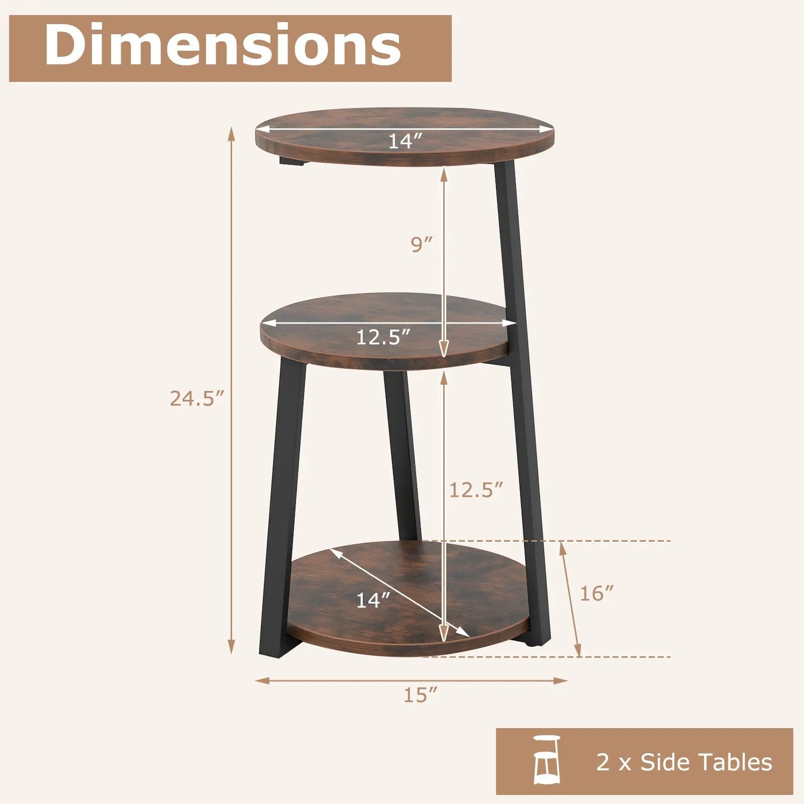3-Tier Accent Round Side Table with Metal Frame by DirectDeals
