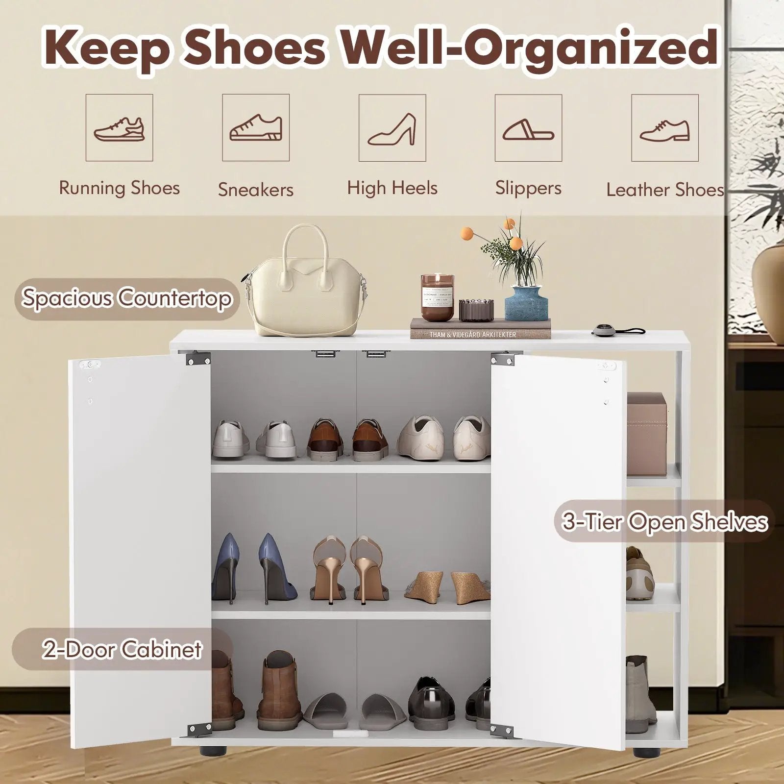 3-Tier Shoe Cabinet with Doors with Adjustable Open Shelves for Entryway by DirectDeals
