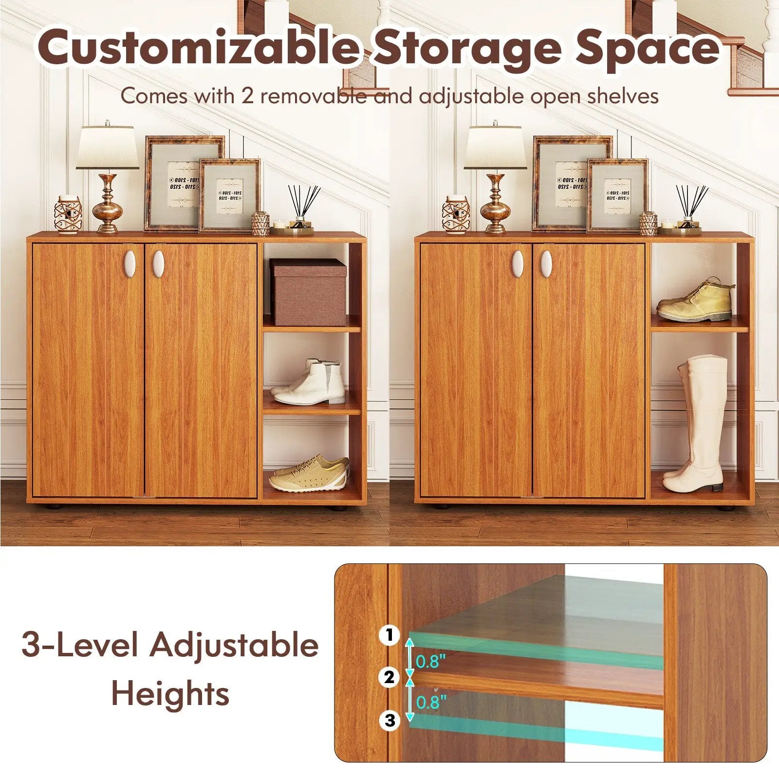 3-Tier Shoe Cabinet with Doors with Adjustable Open Shelves for Entryway by DirectDeals