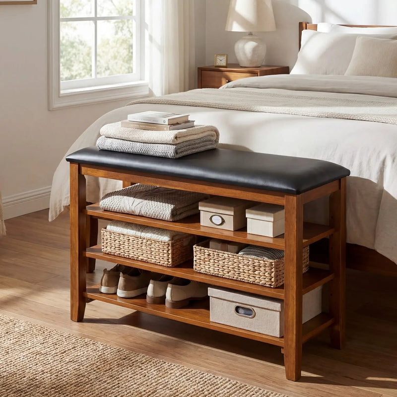 3-Tier Shoe Rack Bench with Adjustable Shelves and Soft Cushion for Entryway and Living Room by DirectDeals