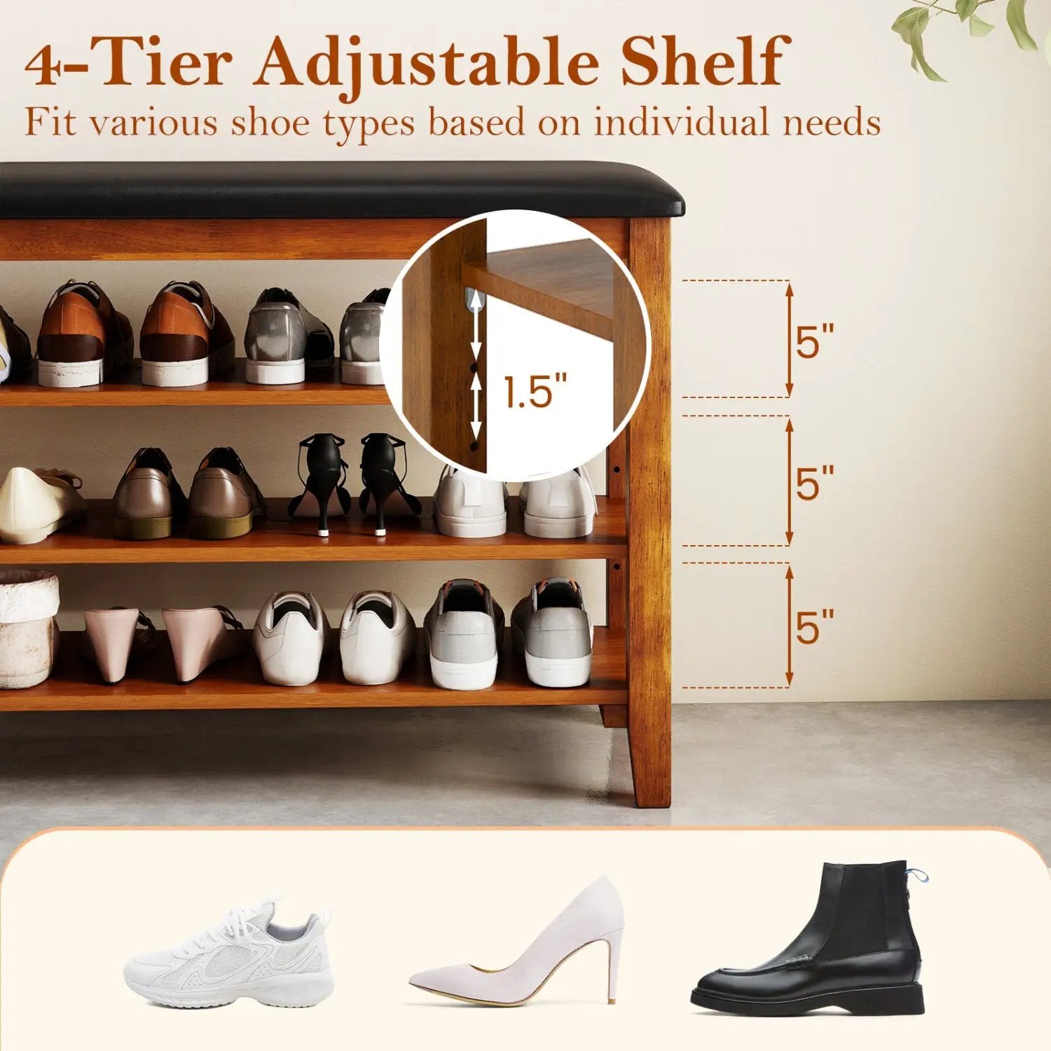 3-Tier Shoe Rack Bench with Adjustable Shelves and Soft Cushion for Entryway and Living Room by DirectDeals
