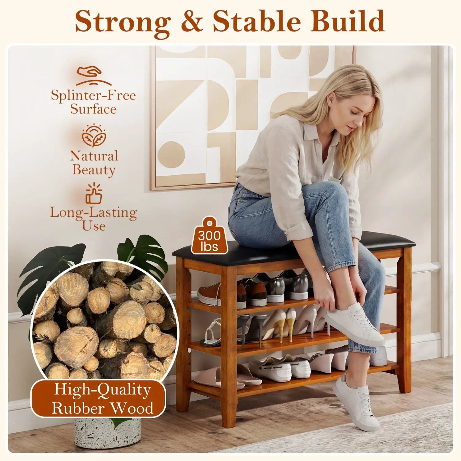 3-Tier Shoe Rack Bench with Adjustable Shelves and Soft Cushion for Entryway and Living Room by DirectDeals