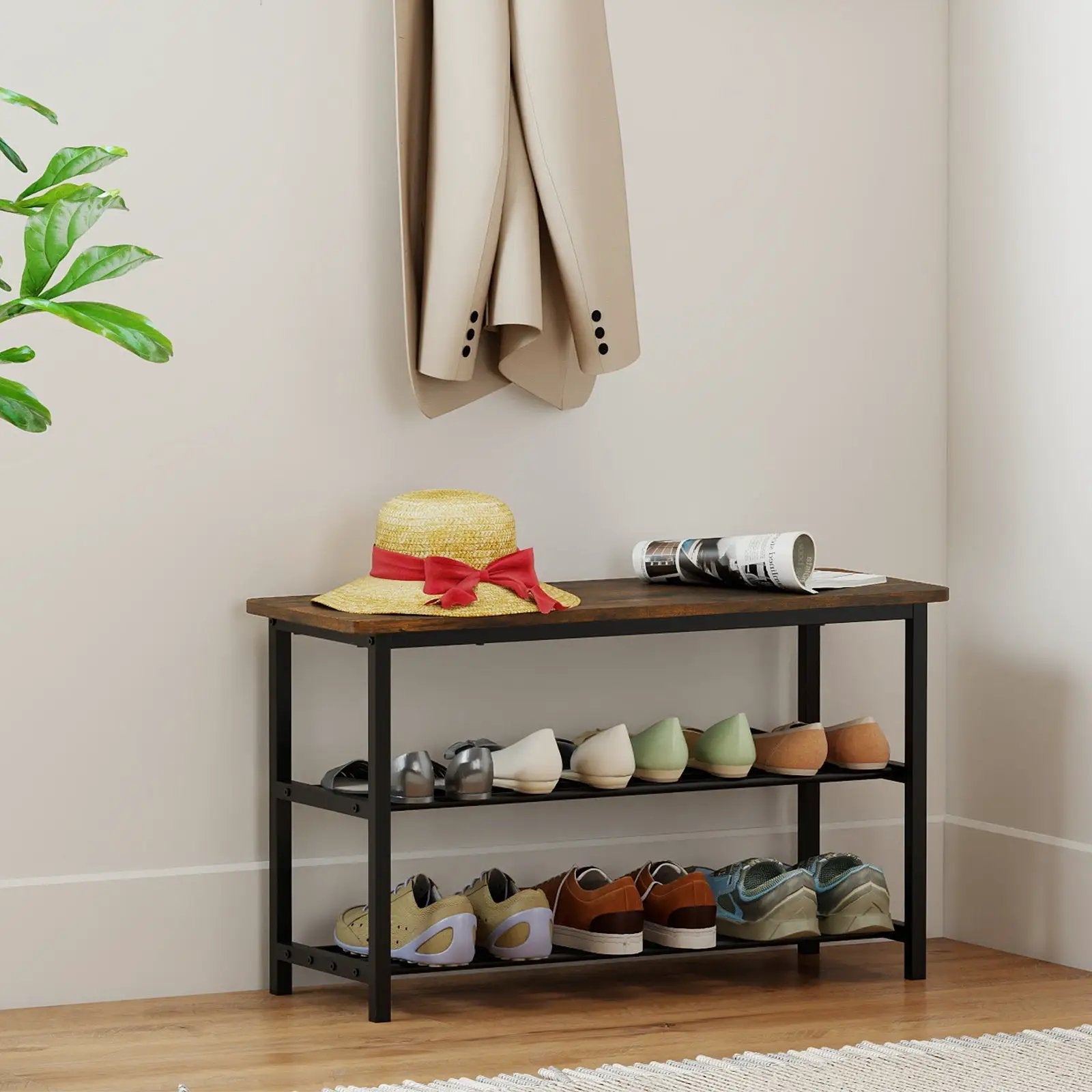 3-Tier Shoe Rack Shoe Bench with Metal Slat Shelves and Long Wooden Seat-Rustic Brown by DirectDeals