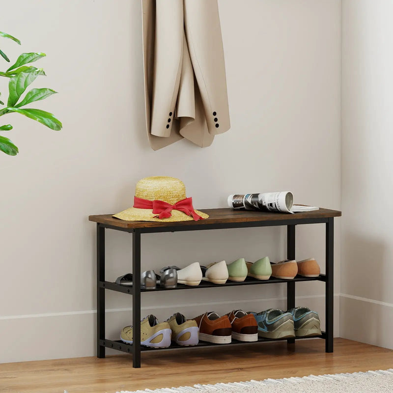3-Tier Shoe Rack Shoe Bench with Metal Slat Shelves and Long Wooden Seat-Rustic Brown by DirectDeals