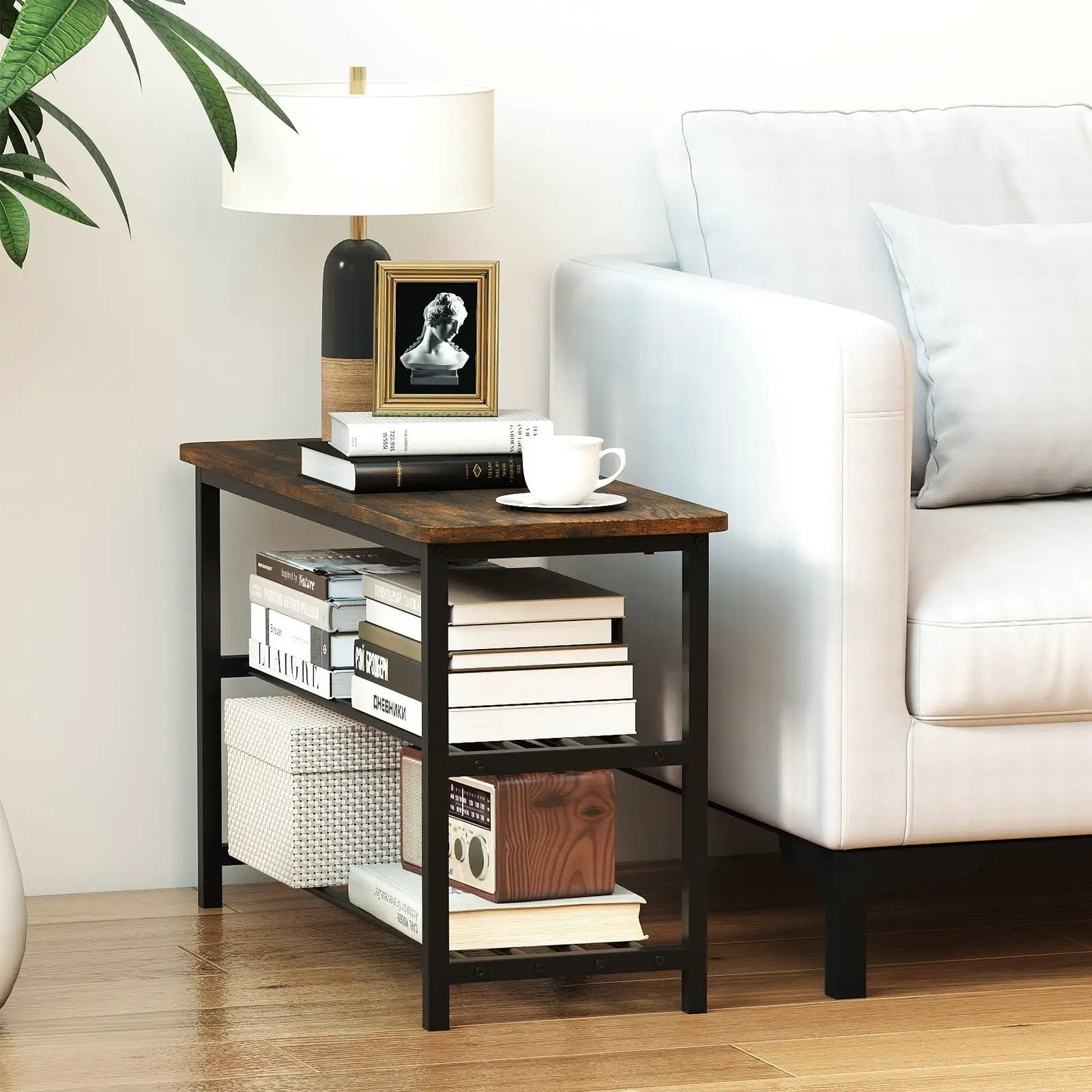 3-Tier Shoe Rack Shoe Bench with Metal Slat Shelves and Long Wooden Seat-Rustic Brown by DirectDeals