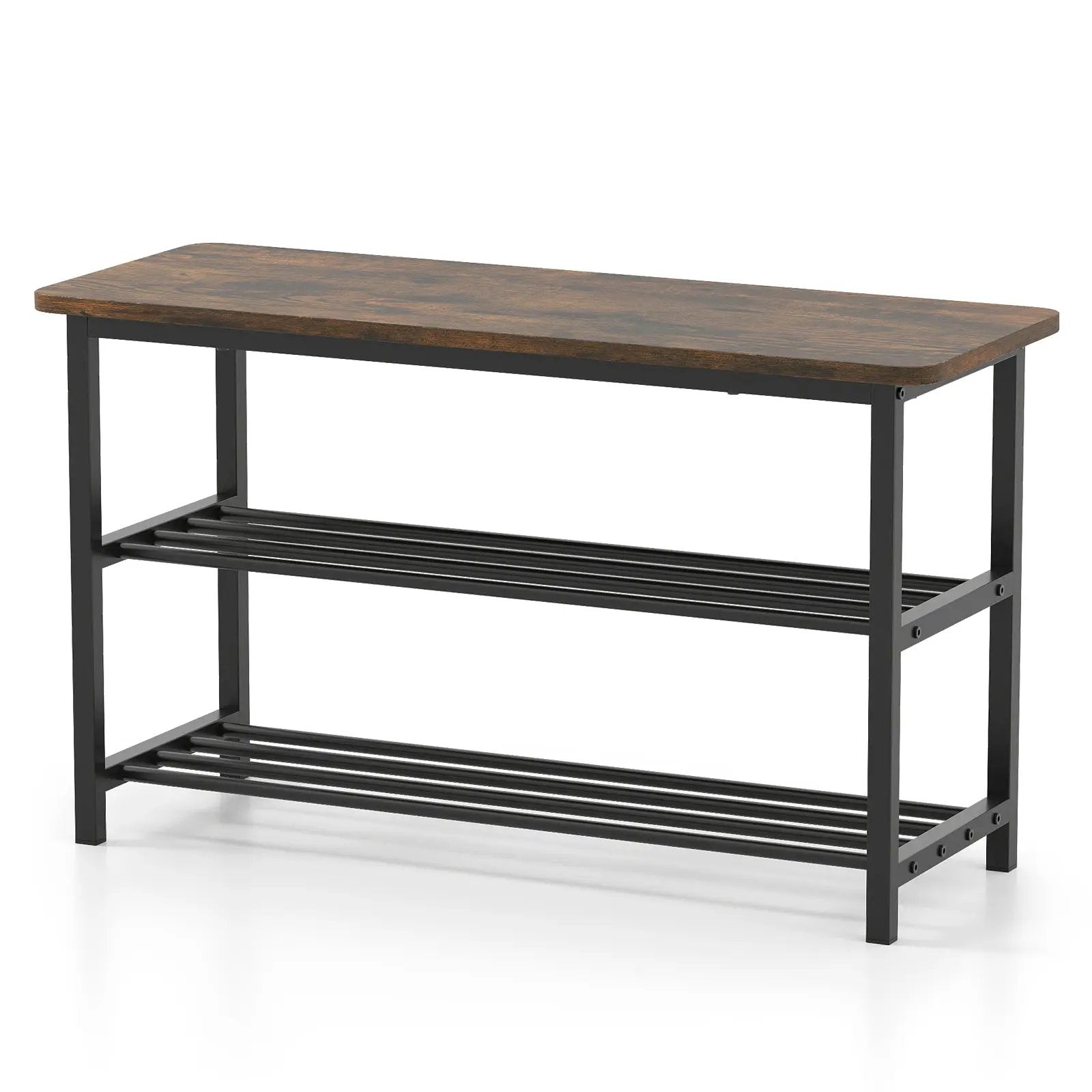 3-Tier Shoe Rack Shoe Bench with Metal Slat Shelves and Long Wooden Seat-Rustic Brown by DirectDeals