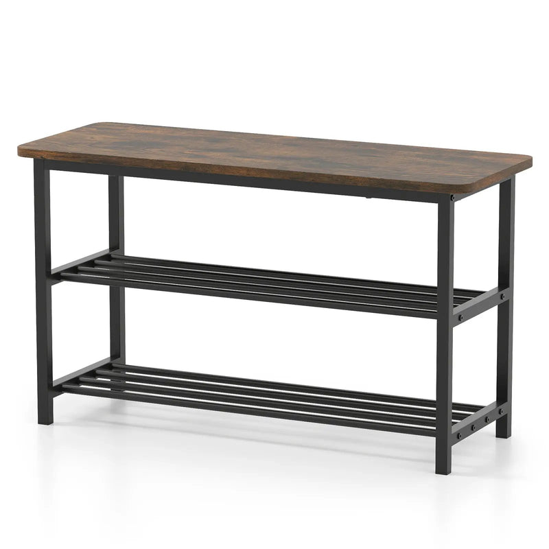 3-Tier Shoe Rack Shoe Bench with Metal Slat Shelves and Long Wooden Seat-Rustic Brown by DirectDeals