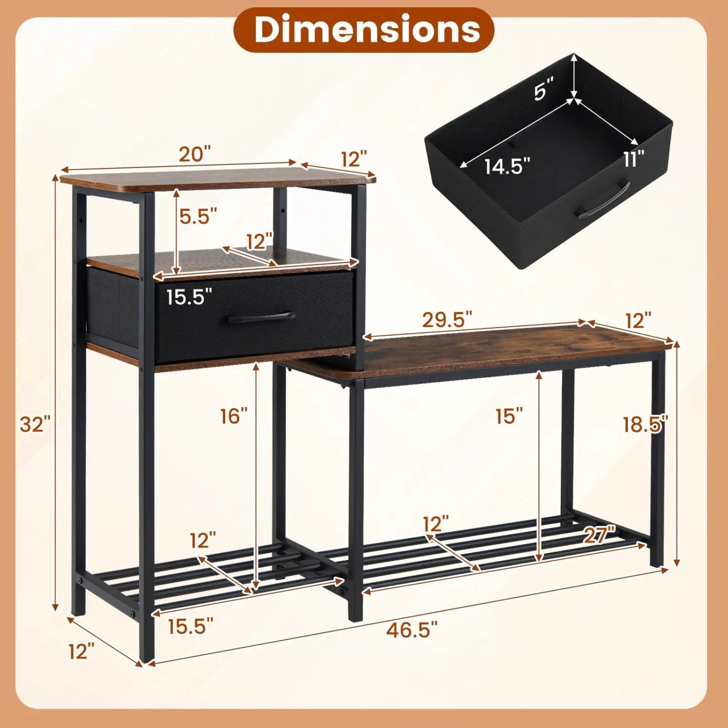 3-Tier Shoe Storage Bench with Drawer and Metal Frame by DirectDeals
