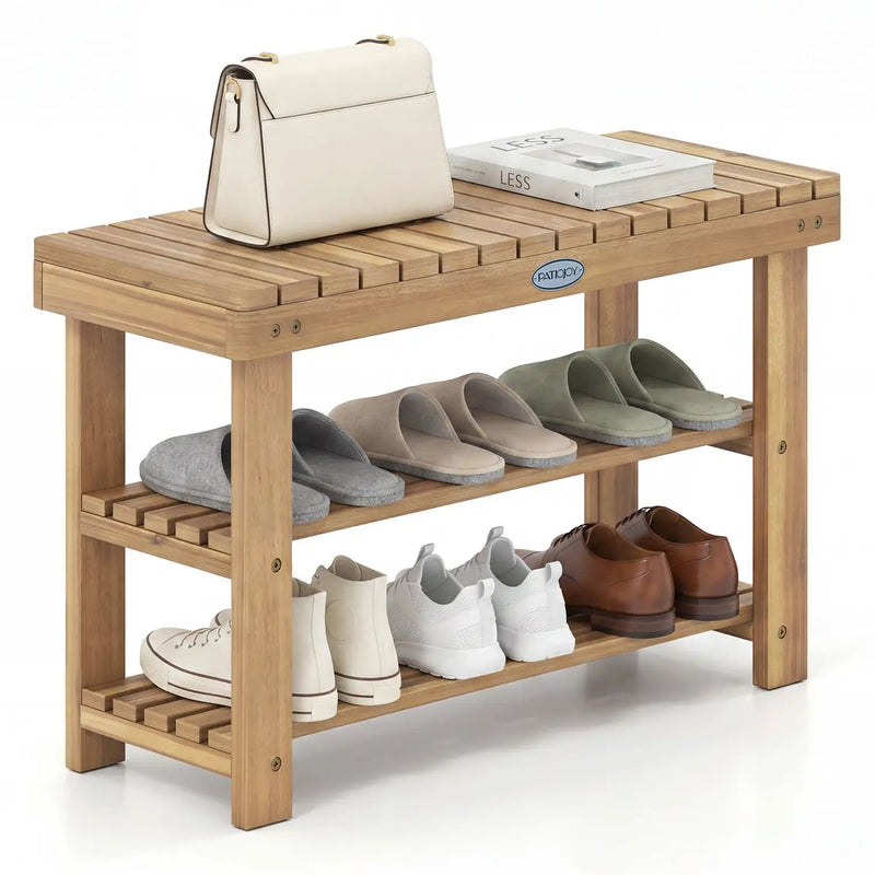 3-Tier Solid Wood Shoe Rack Bench with Slatted Shelves by DirectDeals