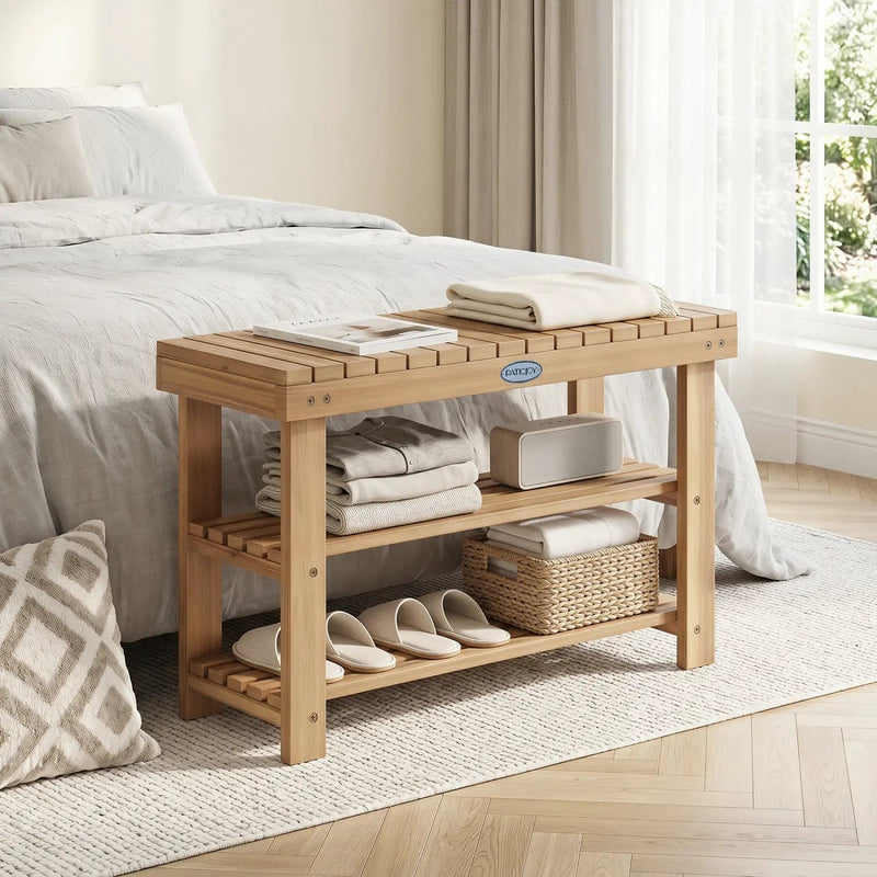 3-Tier Solid Wood Shoe Rack Bench with Slatted Shelves by DirectDeals
