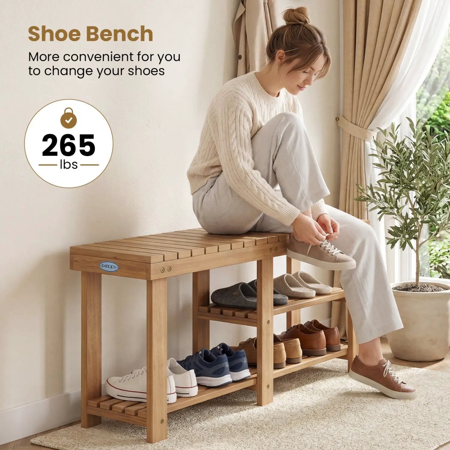 3-Tier Solid Wood Shoe Rack Bench with Slatted Shelves by DirectDeals