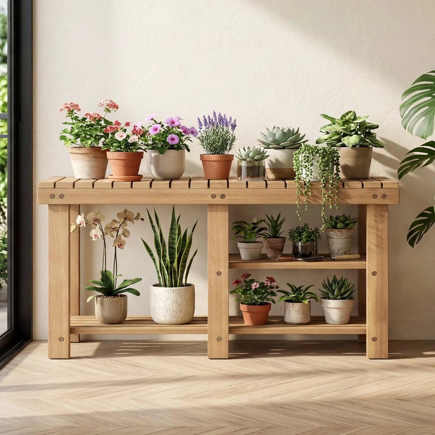 3-Tier Solid Wood Shoe Rack Bench with Slatted Shelves by DirectDeals