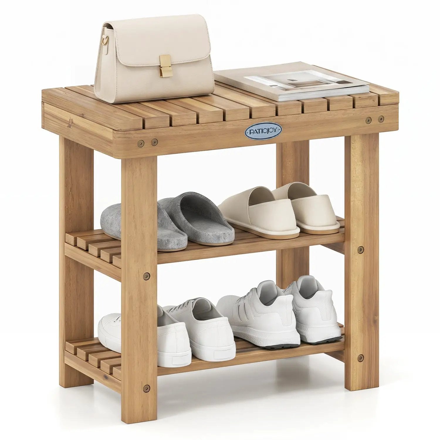 3-Tier Solid Wood Shoe Rack Bench with Slatted Shelves by DirectDeals