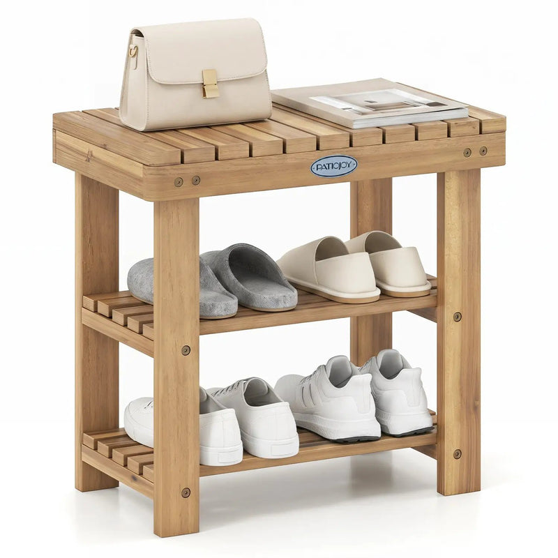 3-Tier Solid Wood Shoe Rack Bench with Slatted Shelves by DirectDeals
