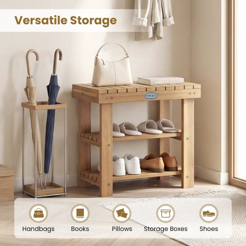 3-Tier Solid Wood Shoe Rack Bench with Slatted Shelves by DirectDeals