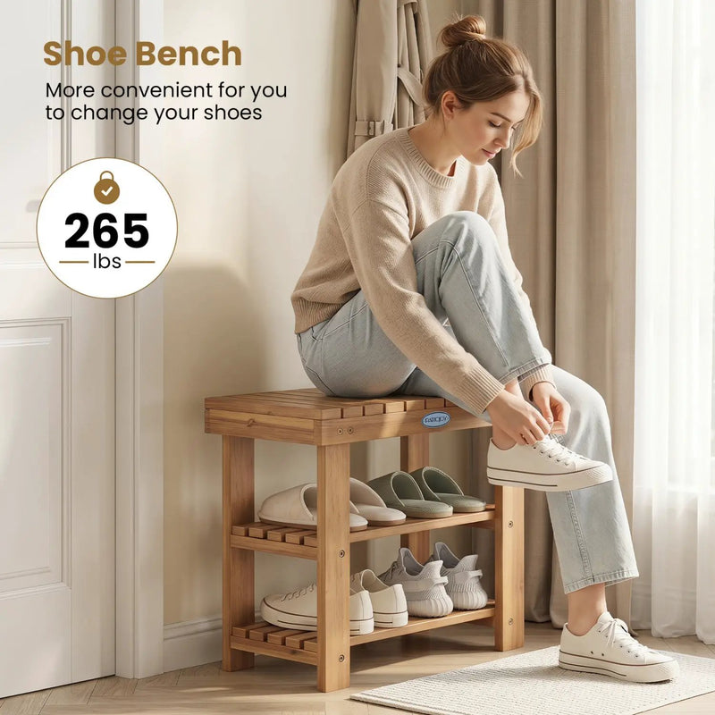 3-Tier Solid Wood Shoe Rack Bench with Slatted Shelves by DirectDeals