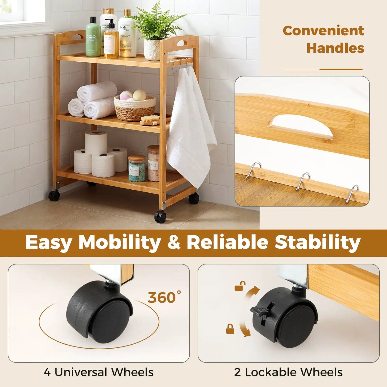 3-Tier Storage Rolling Cart Bamboo Utility Cart with 4 Universal Wheels by DirectDeals