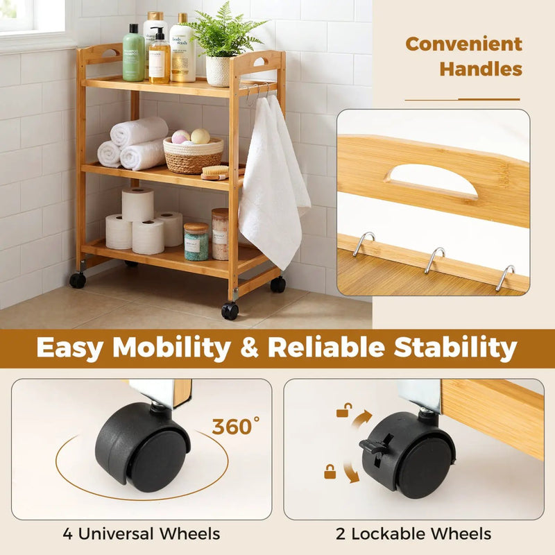 3-Tier Storage Rolling Cart Bamboo Utility Cart with 4 Universal Wheels by DirectDeals