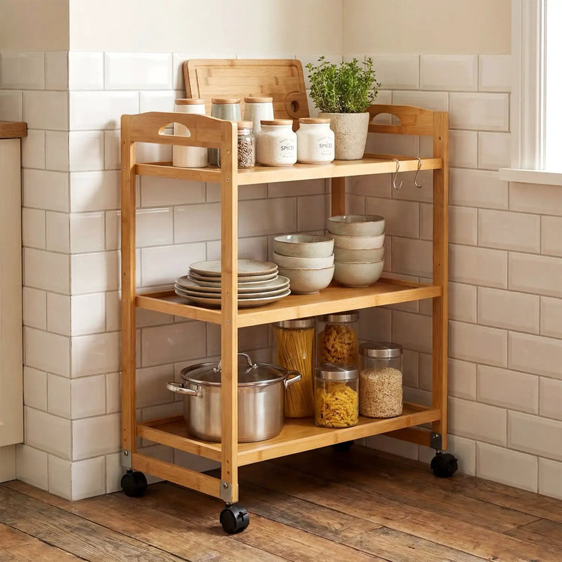 3-Tier Storage Rolling Cart Bamboo Utility Cart with 4 Universal Wheels by DirectDeals