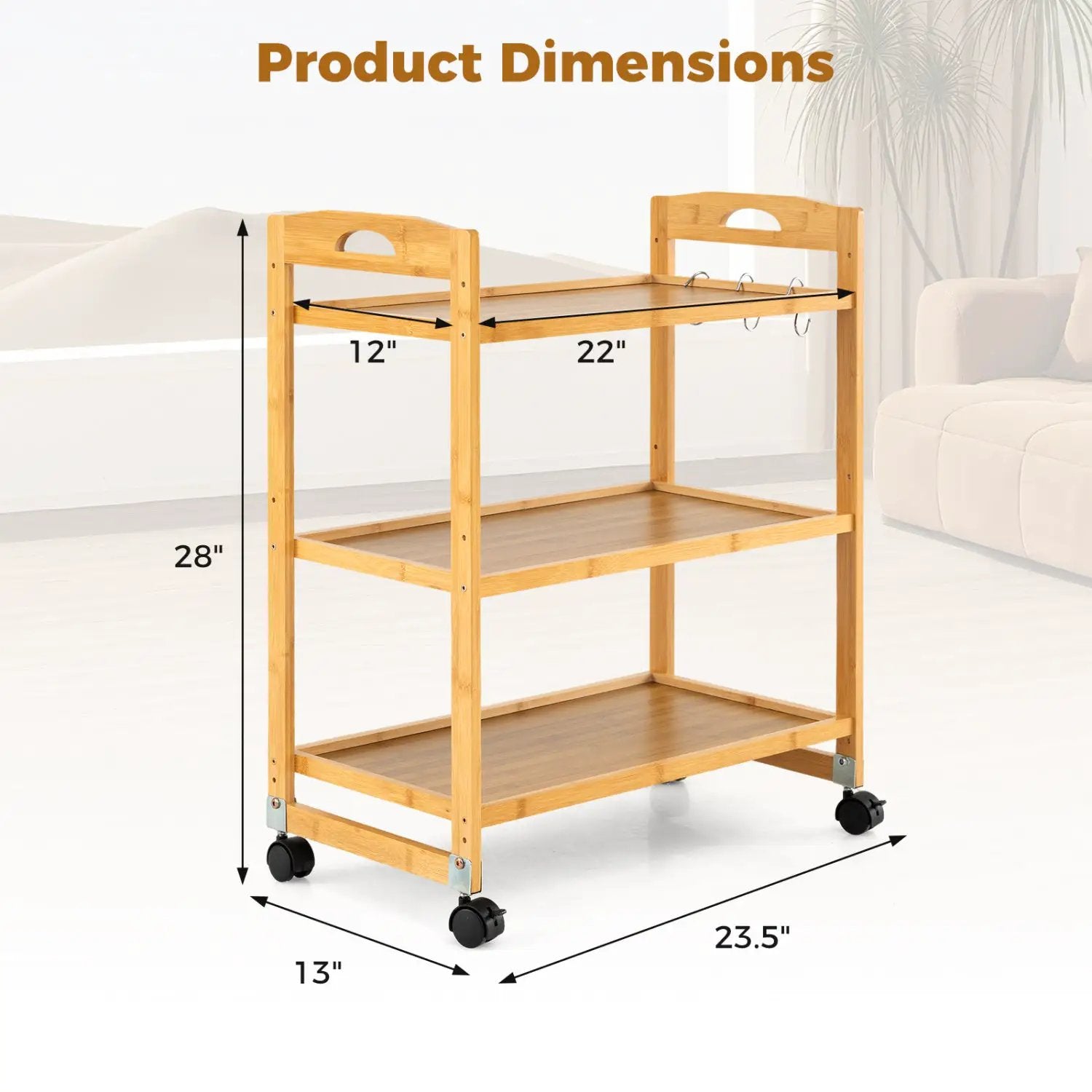 3-Tier Storage Rolling Cart Bamboo Utility Cart with 4 Universal Wheels by DirectDeals