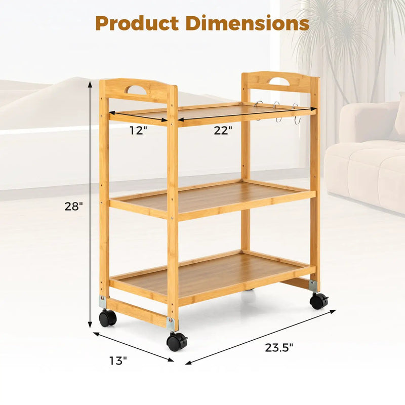 3-Tier Storage Rolling Cart Bamboo Utility Cart with 4 Universal Wheels by DirectDeals