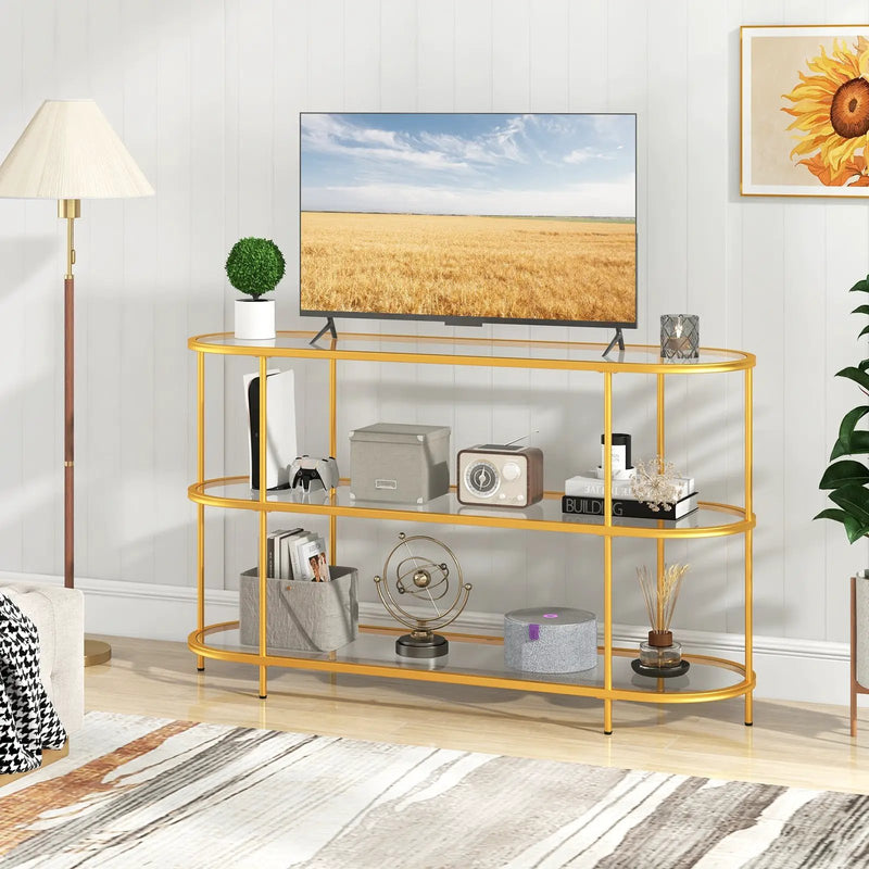 3 Tier TV Stand Console Table with Tempered Glass Shelves for Living Room-Golden by DirectDeals
