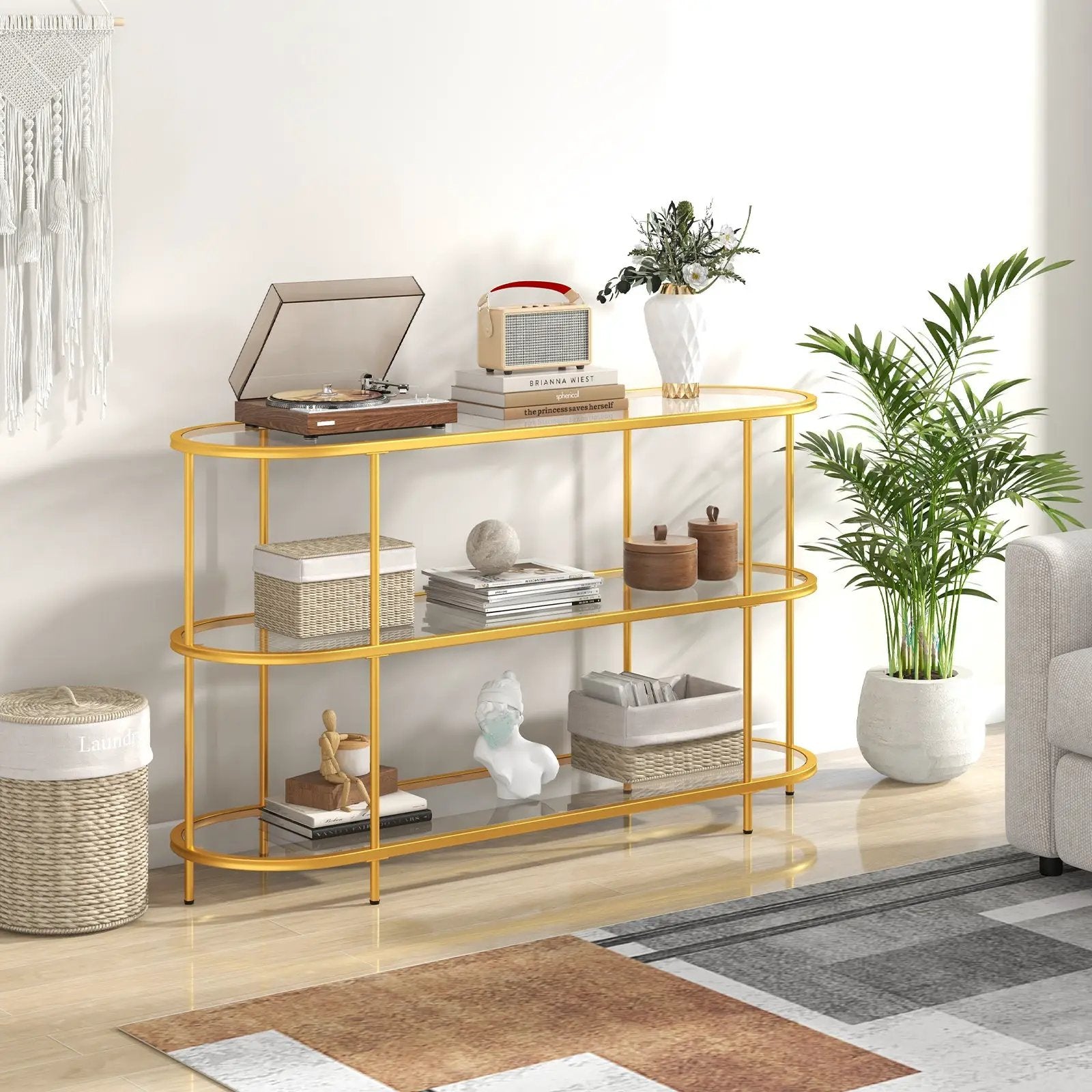 3 Tier TV Stand Console Table with Tempered Glass Shelves for Living Room-Golden by DirectDeals