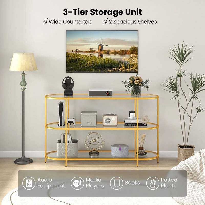 3 Tier TV Stand Console Table with Tempered Glass Shelves for Living Room-Golden by DirectDeals
