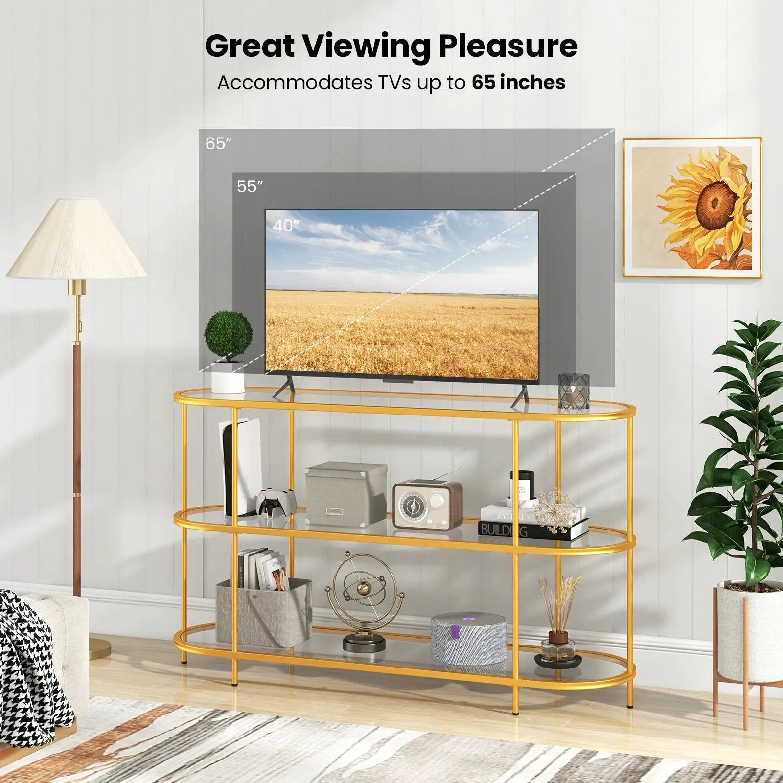3 Tier TV Stand Console Table with Tempered Glass Shelves for Living Room-Golden by DirectDeals