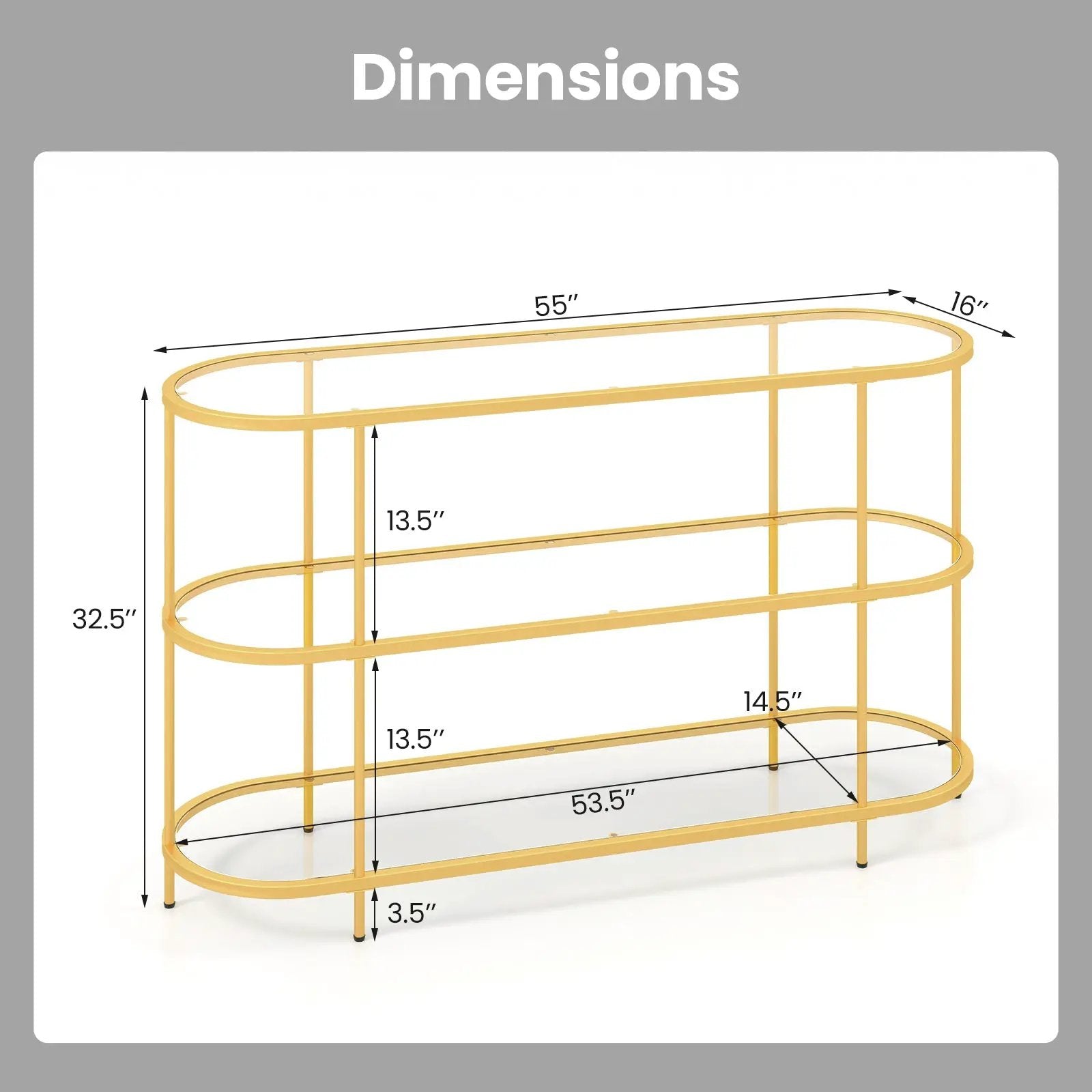 3 Tier TV Stand Console Table with Tempered Glass Shelves for Living Room-Golden by DirectDeals