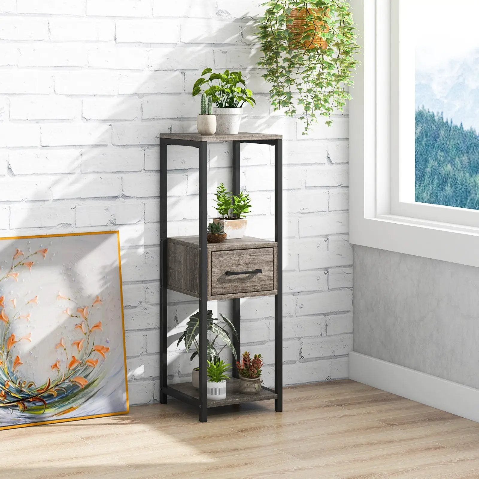 3 Tier Tall Metal Plant Stand with Drawer for Balcony Office-Gray by DirectDeals