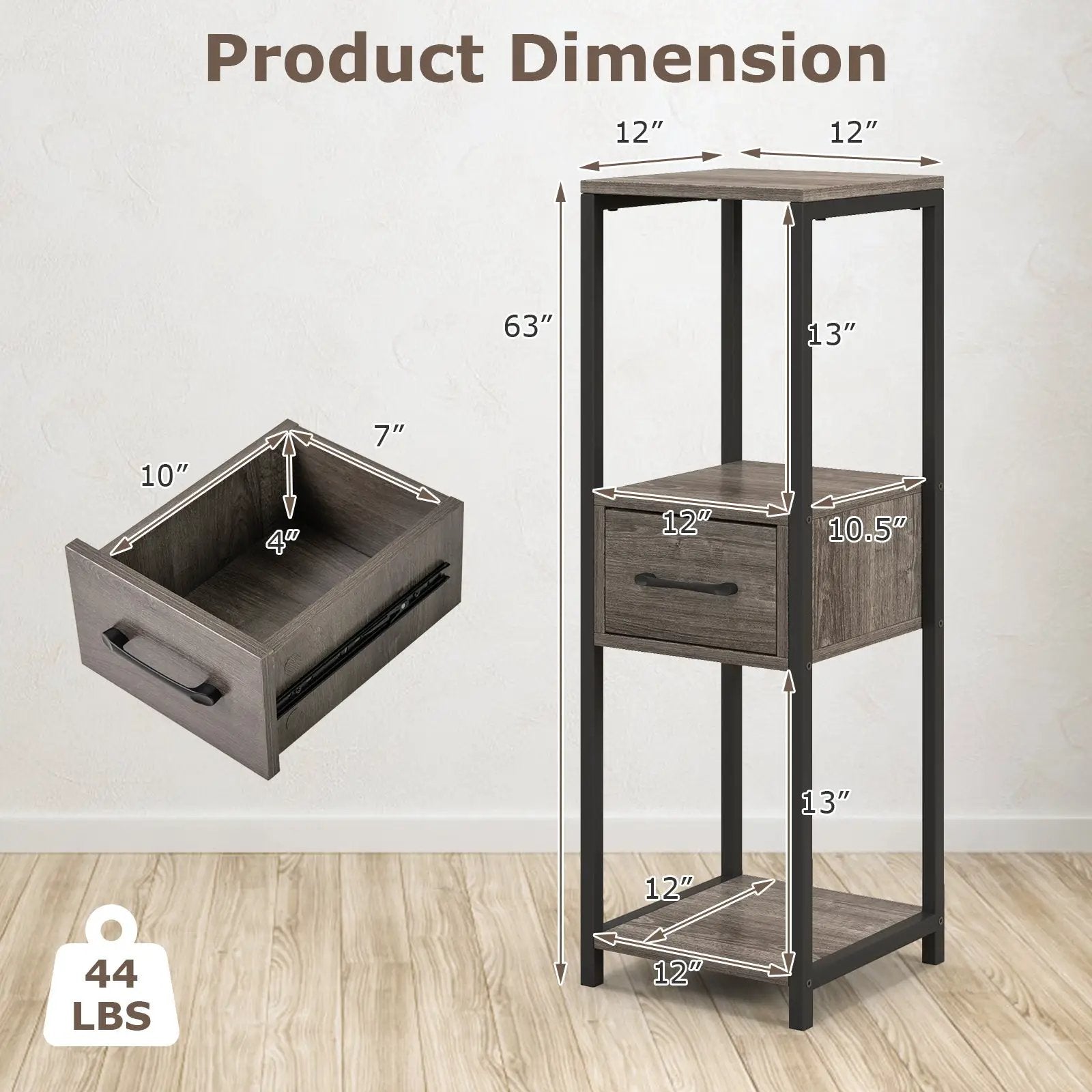 3 Tier Tall Metal Plant Stand with Drawer for Balcony Office-Gray by DirectDeals