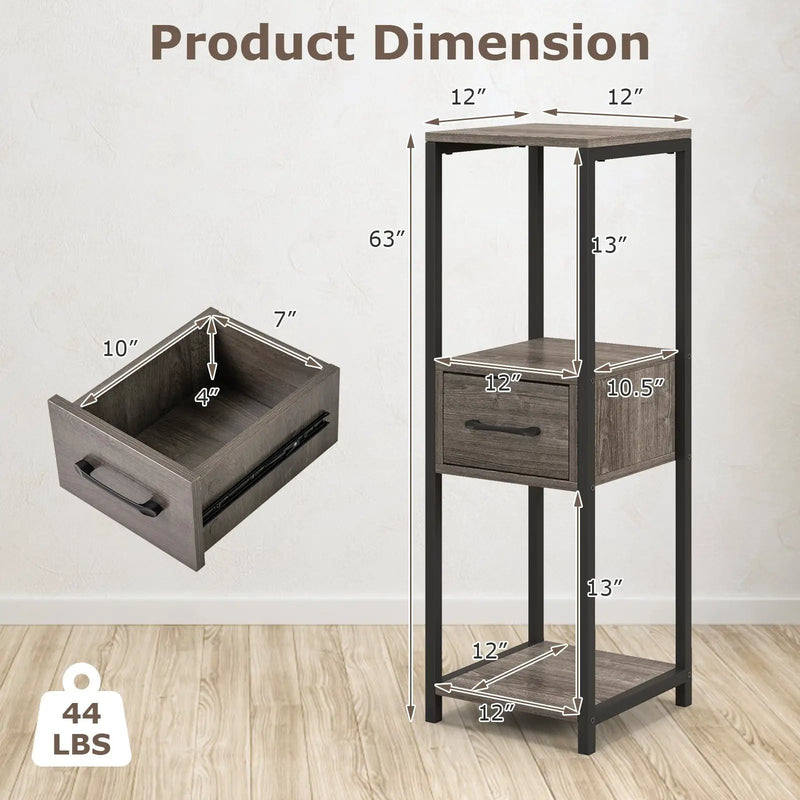 3 Tier Tall Metal Plant Stand with Drawer for Balcony Office-Gray by DirectDeals