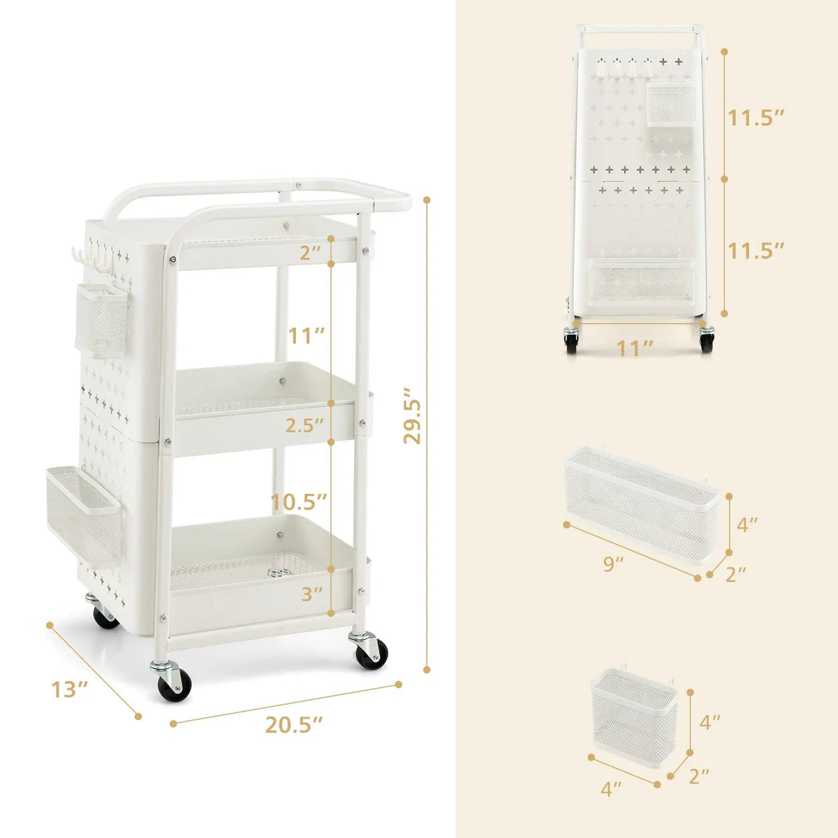 3-Tier Utility Storage Cart with DIY Pegboard Baskets by DirectDeals