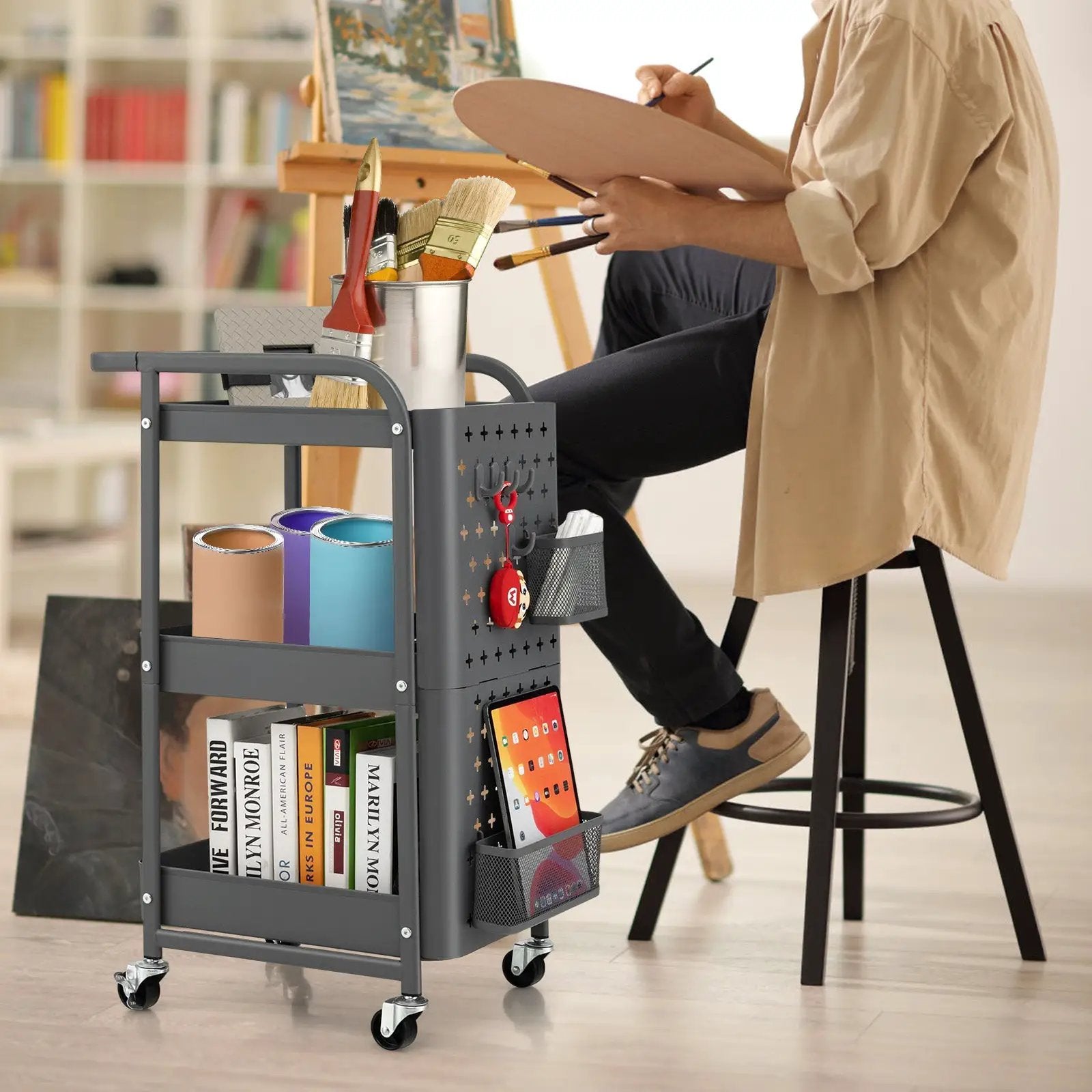 3-Tier Utility Storage Cart with DIY Pegboard Baskets by DirectDeals