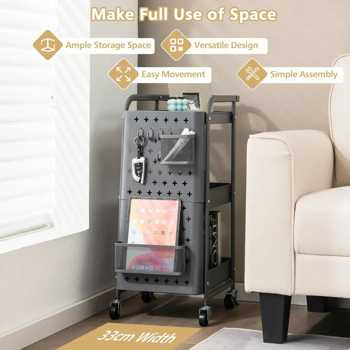 3-Tier Utility Storage Cart with DIY Pegboard Baskets by DirectDeals