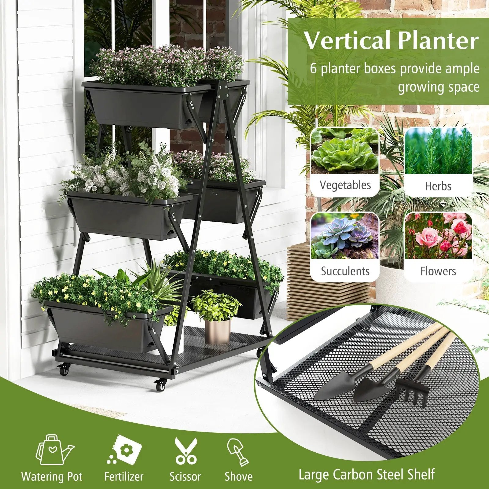 3-Tier Vertical Raised Garden Bed with 4 Wheels and 6 Container Boxes-Black by DirectDeals