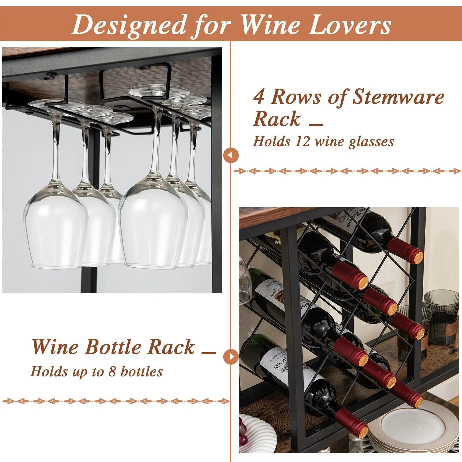 3-Tier Wine Bar Cabinet wit 8 Bottles Rack and 12 Glasses Hanger-Rustic Brown by DirectDeals