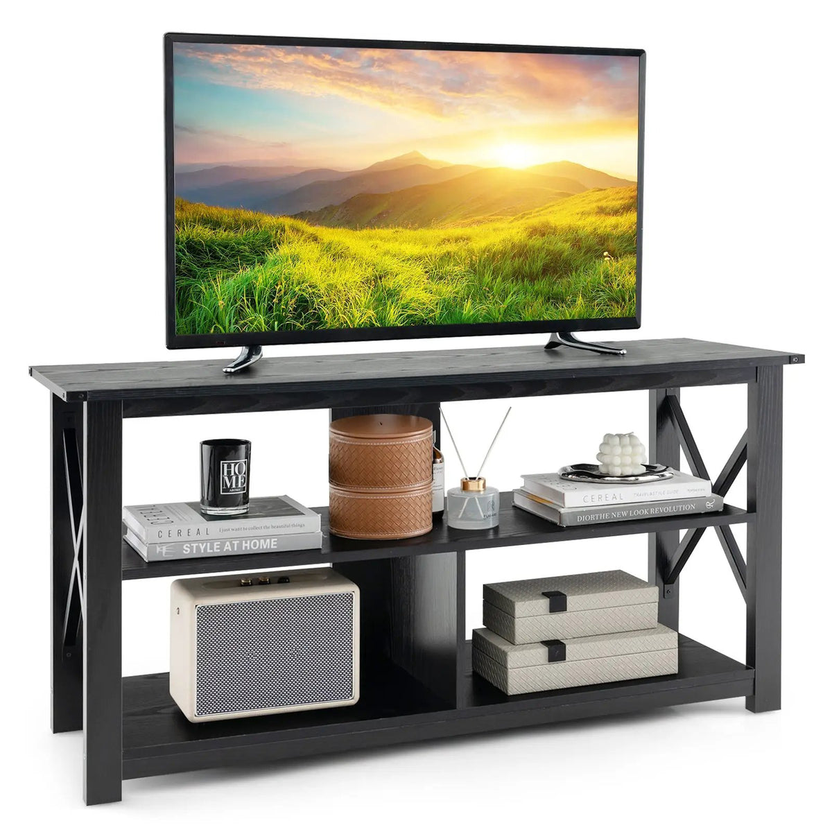 3 Tier Wood TV Stand for 55-Inch with Open Shelves and X-Shaped Frame by DirectDeals